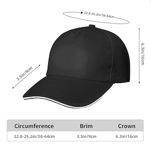 Puede incluir: Gorra de b&eacute;isbol negra con ribete blanco en la visera. La circunferencia de la gorra es de 58-64 cm, la visera mide 9 cm y la corona mide 16 cm.