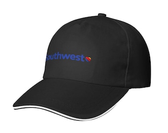 May include: Black baseball cap with the word "Southwest" in blue and a red and yellow heart-shaped design. The brim has a white trim. The cap is a classic style, suitable for casual wear.