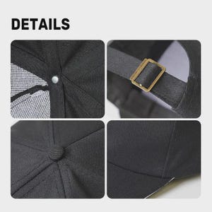 Puede incluir: Primeros planos detallados de una gorra de b&eacute;isbol negra. La imagen muestra la construcci&oacute;n de la gorra, incluyendo la correa ajustable con hebilla dorada, el forro de malla y el bot&oacute;n superior. La palabra "DETAILS" est&aacute; en la parte superior.