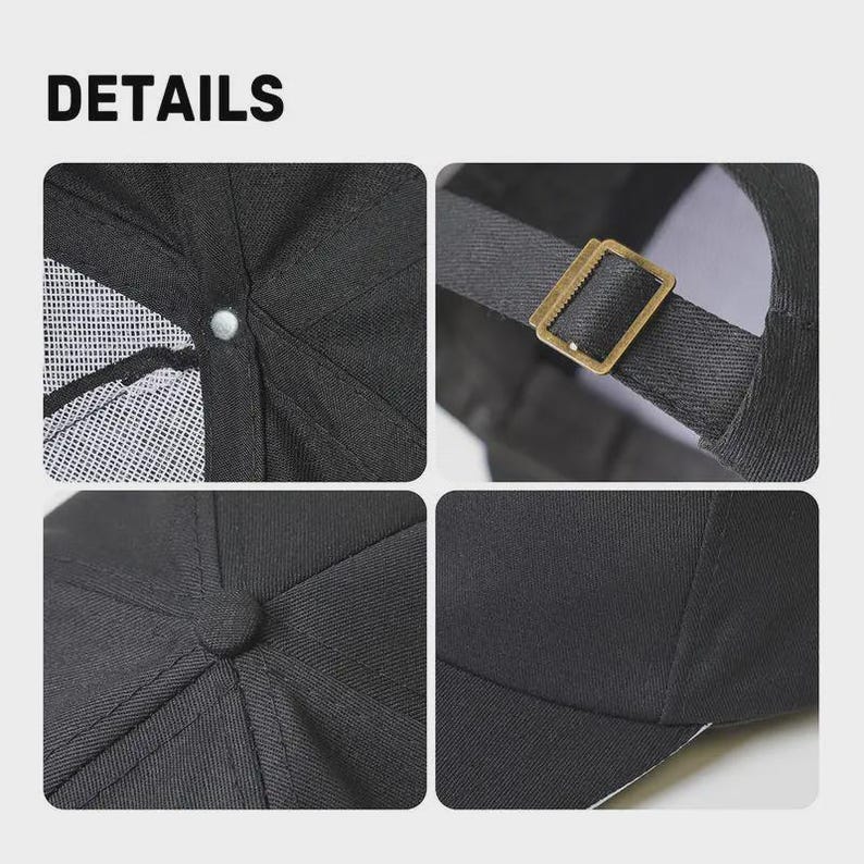 Puede incluir: Primeros planos detallados de una gorra de b&eacute;isbol negra. La imagen muestra la construcci&oacute;n de la gorra, incluyendo la correa ajustable con hebilla dorada, el forro de malla y el bot&oacute;n superior. La palabra "DETAILS" est&aacute; en la parte superior.
