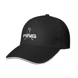 May include: Black baseball cap with a curved brim and white trim. The cap features the white "PING" logo with a golfer graphic on the front. A classic, sporty accessory.