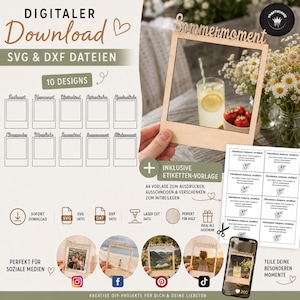 Könnte beinhalten: Digitaler Download von SVG- und DXF-Dateien mit 10 Designs. Das Bild zeigt einen Holzfotorahmen mit dem Wort "Sommermoment" und einem Glas Limonade. Enthält druckbare Etikettenvorlagen. Perfekt für soziale Medien.