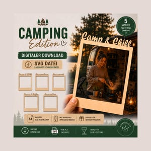 Op de afbeelding: Een digitale download met de tekst "Camping Edition" en "Camp & Chill". De afbeelding bevat houten frames, een kokende vrouw en pictogrammen voor SVG-bestand, direct downloaden en lasersnijden.