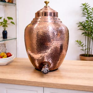 8.5 Litres Pure Copper Hammered Water Dispenser \ Ayurvedic Water Storage Pot with Tap