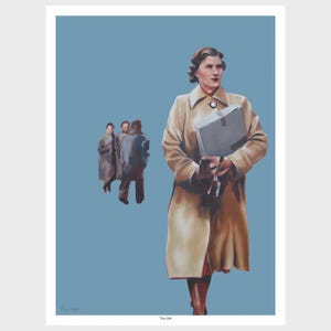 May include: An artistic print featuring a woman in a tan coat holding a gray box and keys, with two figures in the background. The artwork is set against a light blue backdrop, with the text "The Gift" at the bottom.