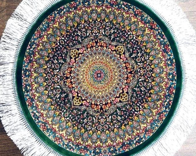 Handmade Round Silk Rug 50 cm (1.64 ft) Green Oriental Medallion Carpet