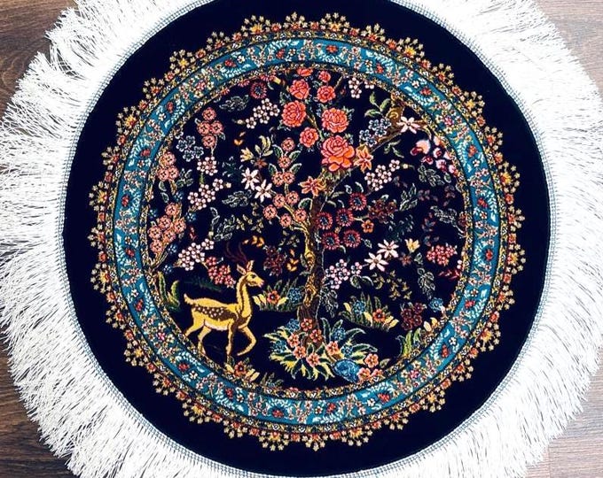 Handmade Round Silk Rug 50 cm (1.64 ft) Tree of Life Oriental Silk Carpet