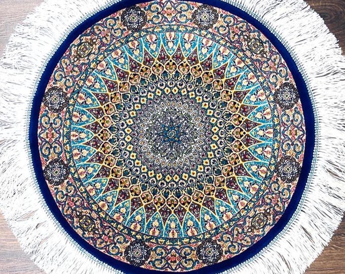 Handmade Round Silk Rug 50 cm (1.64 ft) Turquoise Oriental Medallion Carpet