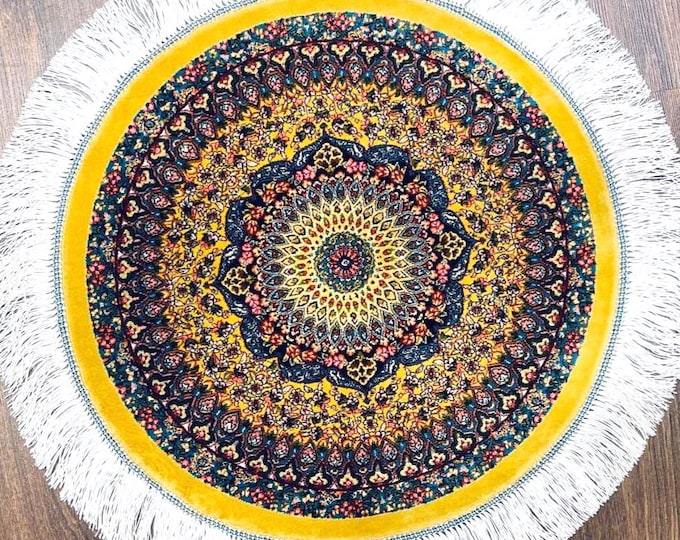 Handmade Round Silk Rug 50 cm (1.64 ft) Yellow Oriental Medallion Carpet