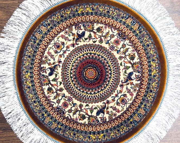 Handmade Round Silk Rug 50 cm (1.64 ft) Ivory Floral Medallion Carpet