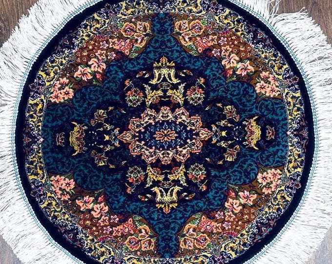 Handmade Round Silk Rug 50 cm (1.64 ft) Dark Blue Floral Medallion Carpet