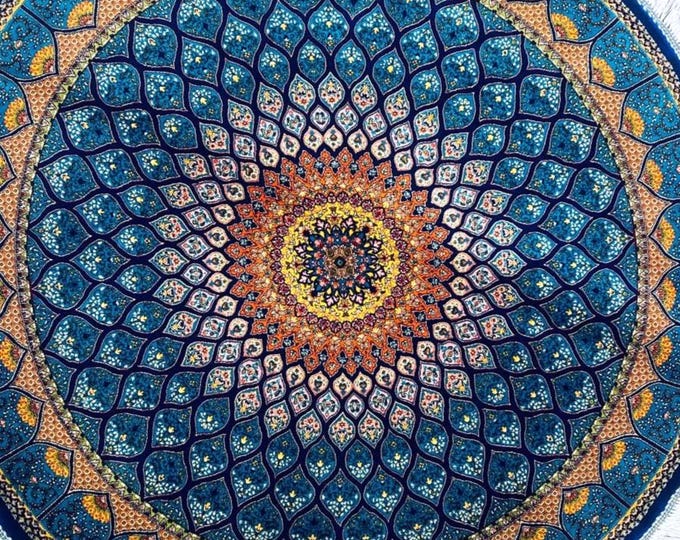 Featured listing image: Round Turkish Silk Rug 100 cm Blue Mandala Oriental Carpet Handmade Rug