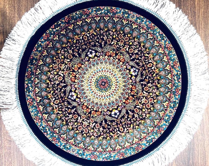 Handmade Round Silk Rug 50 cm (1.64 ft) Black Floral Medallion Carpet