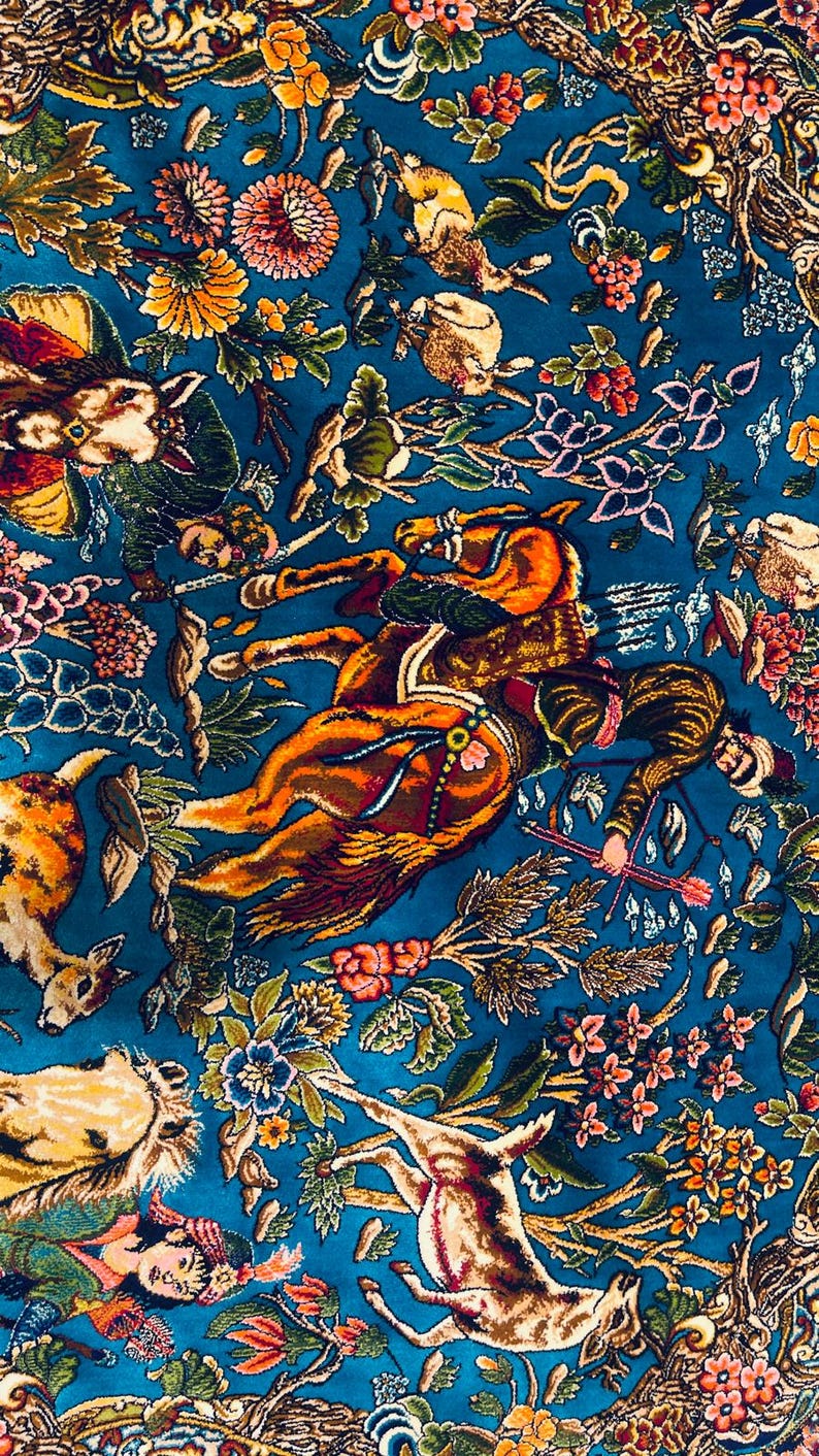 Handmade Turkish Silk Rug: Round Hunting Scene Oriental Carpet (100 Cm ...