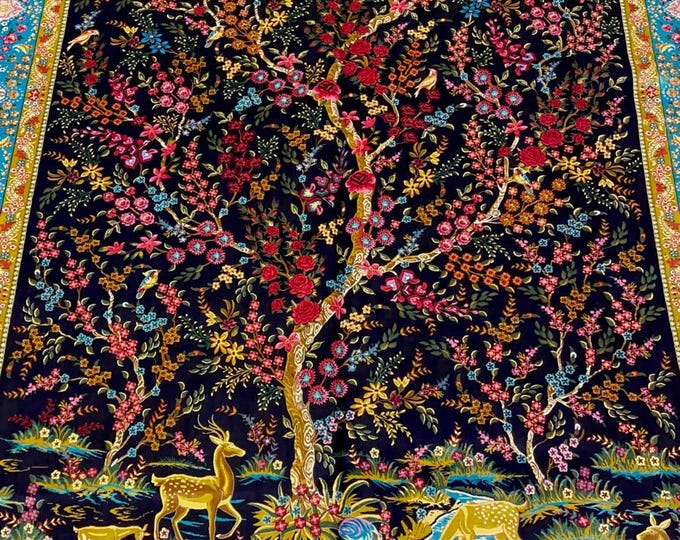 Featured listing image: Turkish Silk Rug, Tree of Life Rug, Black Floral Carpet, (2x3m), 7x10 ft