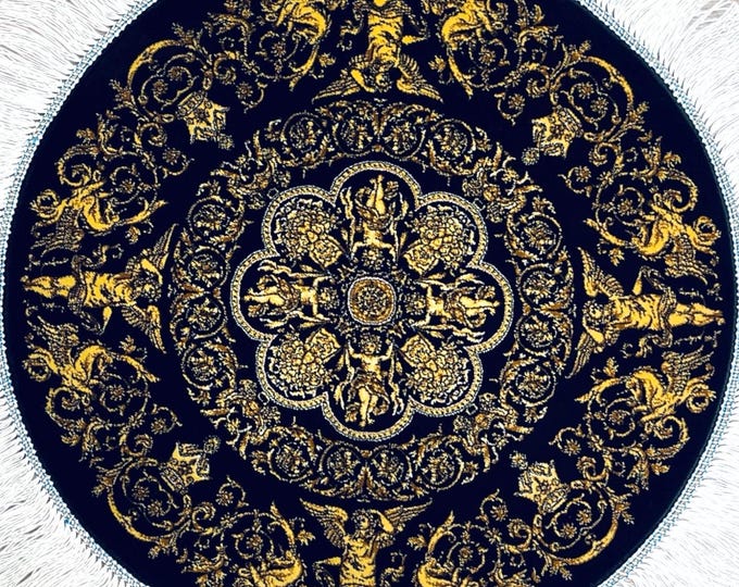 Handmade Round Silk Rug 50 cm (1.64 ft) Navy Blue Gold Oriental Carpet
