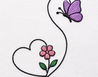 Butterfly Flower Heart Embroidery Design, Minimalist Line Art Machine Embroidery File, Floral Heart PES DST JEF VP3, 3 Sizes