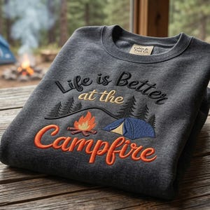 Life is Better at the Campfire Embroidery Design, Camping Machine Embroidery Pattern Outdoor Adventure Digital File 5 Sizes Instant Download