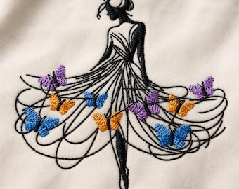 Butterfly Dress Embroidery Design, Elegant Woman Machine Embroidery File, Fashion Girl Line Art PES DST JEF, 3 Sizes