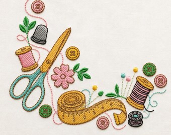 Sewing Corner Embroidery Design, Sewing Tools Machine Embroidery File, Scissors Thread Spool Tape Measure, PES DST, 3 Sizes