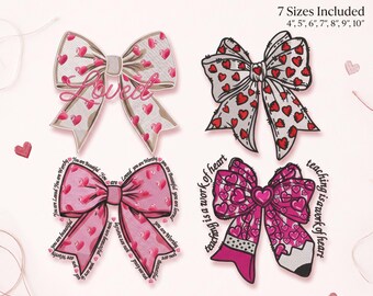 Valentine Bow Embroidery Bundle, Four Heart Ribbon Designs, Seven Sizes, DST EXP PES VP3