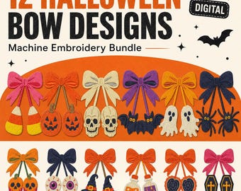12 Halloween Bow Embroidery Bundle, Ghost Pumpkin Bat Spider Witch Machine Embroidery Files, PES DST