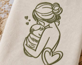 Mother Baby Embroidery Design, Mom and Baby Line Art Machine Embroidery File, Motherhood Heart PES DST JEF VP3, 3 Sizes