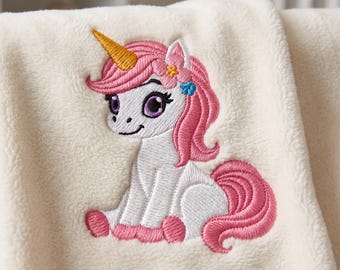 Seated Unicorn Embroidery Design: Pink Mane, Floral Accents, 5 Sizes (Digital File)