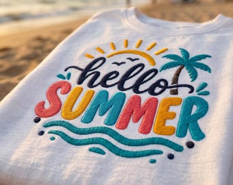 Hallo Sommer Stickdatei, Strand Sonne Palme Maschinendatei 3 Größen