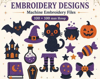 14 Halloween Embroidery Designs Bundle, 4x4 Machine Embroidery Files, Witch Cat Pumpkin Bat PES DST JEF VP3