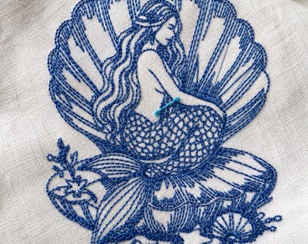 Mermaid Seashell Embroidery Design, Ocean Mermaid Machine Embroidery File, Coastal Beach PES DST JEF VP3, 3 Sizes