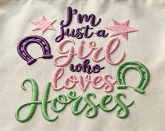 I'm Just a Girl Who Loves Horses Embroidery Design - Horse Lover Horseshoe & Stars Pattern - 5 Sizes: 3", 4", 5", 6", 7" - Digital Download