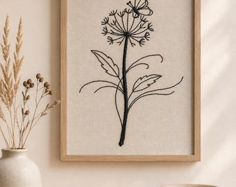 Dandelion Butterfly Embroidery Design, Floral Line Art Machine Embroidery File, Botanical Flower PES DST JEF VP3, 3 Sizes