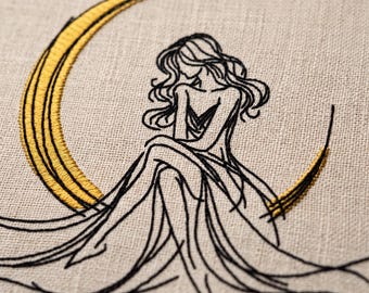 Moon Woman Embroidery Design, Crescent Moon Machine Embroidery File, Elegant Lady Line Art PES DST JEF, 3 Sizes