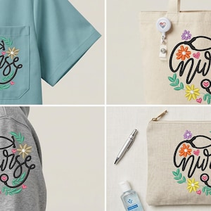 Peut inclure: Plusieurs articles sur le thème des infirmières. On y voit un haut de blouse bleu clair, un sweat à capuche gris, un sac fourre-tout beige et une pochette zippée beige. Chaque article présente un motif floral avec un stéthoscope et le mot "nurse".
