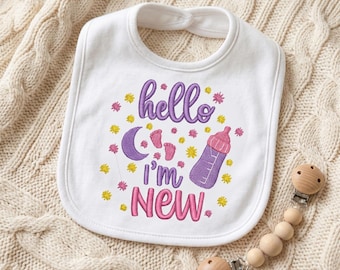 Hallo ich bin neues Baby, Stickdatei, Design | Neugeborene Maschinenstickdatei | Baby Girl Party Geschenk | Mond, Fußspuren, Flasche | 4x4 5x7
