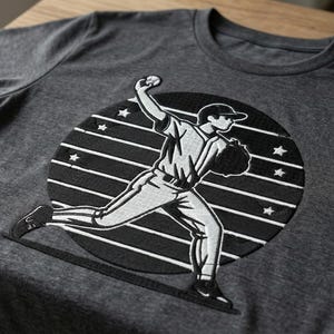 Puede incluir: Camiseta gris oscuro con un jugador de béisbol lanzando la pelota. El diseño es una ilustración en blanco y negro dentro de un círculo negro con rayas y estrellas blancas. La camiseta está hecha de un tejido suave.