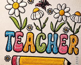 Stickdatei für die Schule mit einem farbenfrohen Schmetterling, einem Schmetterling und einem Bleistift-inspirierten Stickmuster