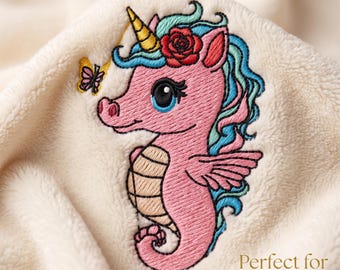 Seahorse Embroidery Design, Unicorn Sea Horse Machine File in 5 Sizes