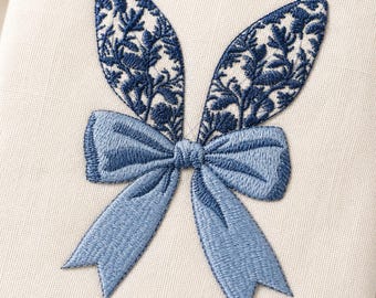 Floral Bunny Ears Embroidery Design, Easter Bow Machine Embroidery File, Blue Bunny Ears PES DST JEF VP3, 5 Sizes