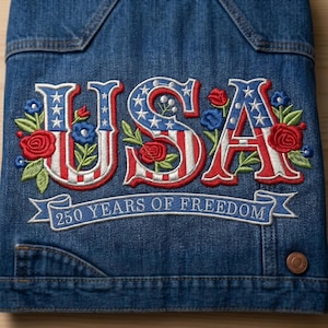 May include: A blue denim jacket featuring large embroidered letters spelling USA, designed with a red, white, and blue flag pattern. The embroidery includes red roses and green leaves, with a banner below reading 250 YEARS OF FREEDOM.