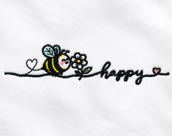 Bee Happy Embroidery Design, Cute Bumble Bee Machine Embroidery File, Floral Bee Quote PES DST JEF VP3, 3 Sizes