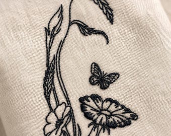 Floral Butterfly Embroidery Design Minimal Line Art Wildflower Machine File 3 Sizes