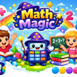 May include: Colorful illustration with the text "Math Magic". Features a calculator character in a wizard hat, children, numbers, a rainbow, and stars. Includes the equation 2+3=? on a chalkboard.
