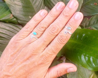 Adjustable Sterling Silver Plated Ring • Natural Moonstone, Amethyst, Labradorite, Onyx