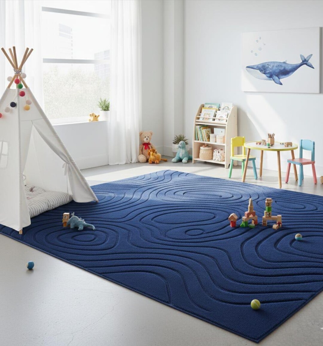 Hand Tufted Navy Blue 3D Ripple Area Rug - Modern Topographic Wave ...