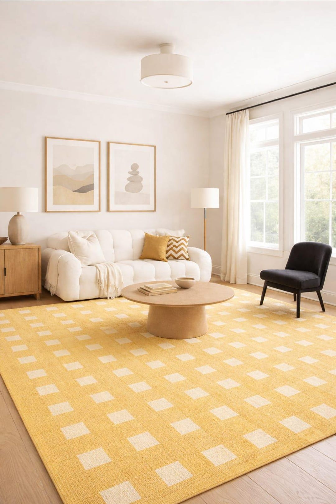 Hand Tufted Checkerboard Rug, Yellow & Cream New Zealand Wool Area Rug ...