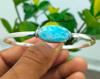 Handmade Larimar Bangle: 925 Sterling Silver Gemstone Jewelry