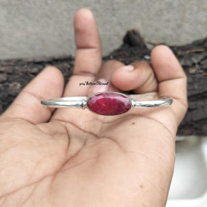 Handmade 925 Sterling Silver Ruby Bangle, Minimalist Oval Faceted Stone, July Birthstone Gift
