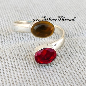 Tiger Eye Garnet Quartz Ring, 925 Sterling Silver Boho Statement Ring